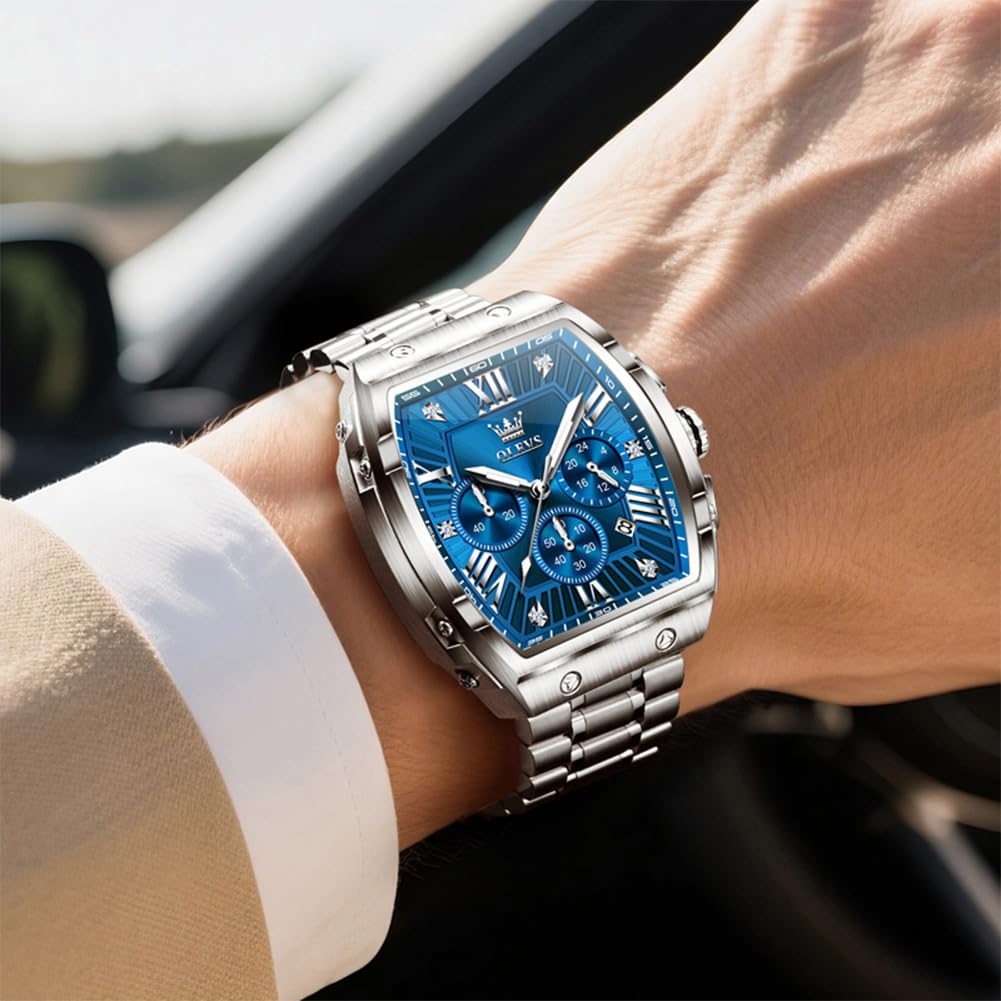 OLEVS Watches Men Chronograph Waterproof Rectangle Face Moon Phase Stainless Steel Strap Dress Watches for Men Luminous Quartz Calendar Mens Wrist Watch
