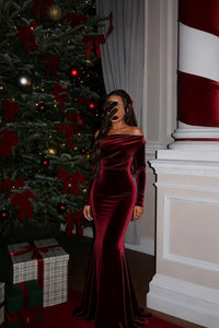 Off The Shoulder Velvet Formal Dresses Mermaid Long Sleeve Wedding Guest Dress Wrap Evening Dress