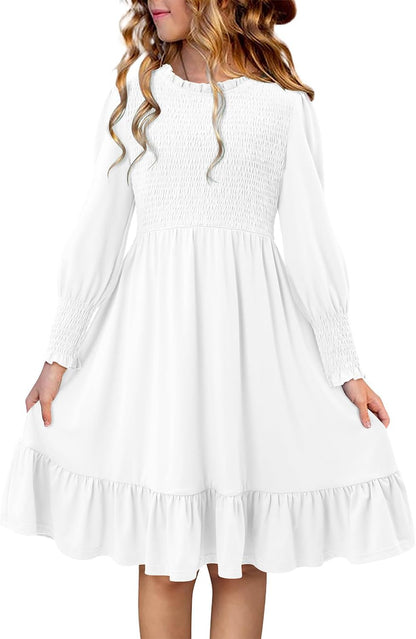 Yoklass Girls Smocked Dress Casual Puff Long Sleeve Ruffle Neck Dresses 4-13 Years