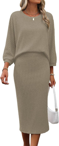 HBQ Women's 2 Piece Sweater Skirt Sets Ribbed Knit Loose Lantern Sleeve Top Midi Skirt Outfit Casual Loungewear Sets