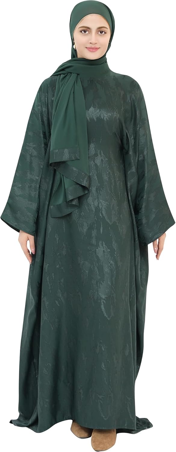 Elegant Eid Clothes Women Muslim Glossy Batwing Sleeve Abaya Ramadan Prayer Dress with Belt