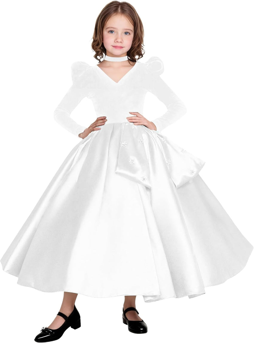 Long Sleeve Velvet Flower Girl Dresses A Line Crystal Satin Formal Dresses for Christmas