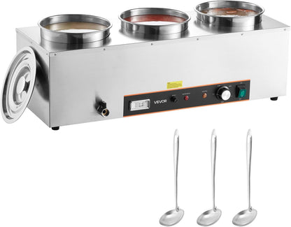 VEVOR Electric Soup Warmer, Dual 7.4QT Stainless Steel Round Pot 86~185°F Adjustable Temp, 1200W Commercial Bain Marie with Anti-Dry Burn and Reset Button, Soup Station for Restaurant, Buffet, Silver