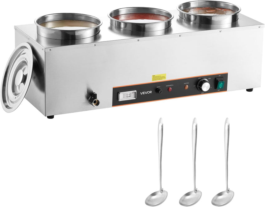 VEVOR Electric Soup Warmer, Dual 7.4QT Stainless Steel Round Pot 86~185°F Adjustable Temp, 1200W Commercial Bain Marie with Anti-Dry Burn and Reset Button, Soup Station for Restaurant, Buffet, Silver