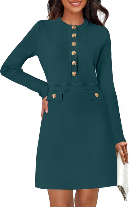 NENONA Women's 2025 Fall Sweater Dress Winter Long Sleeve Fashion Button Elegant Work Formal Cocktail Party Mini Dresses