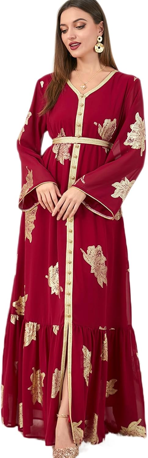 AFAVOM Women Moroccan Kaftan Abaya Golden Lace Dress Embroidered Islamic Ramadan Eid Dress Arabic Dubai Muslim Prayer Robe