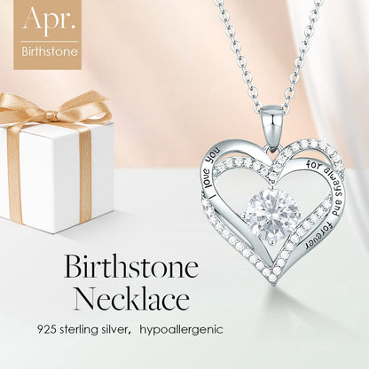 CDE Forever Love Heart Necklaces for Women, Wedding Anniversary, Valentine's，Birthday Mothers Christmas Day Gifts for Mom, Mother, Wife, S925 Silver Jewelry with Birthstone Pendant