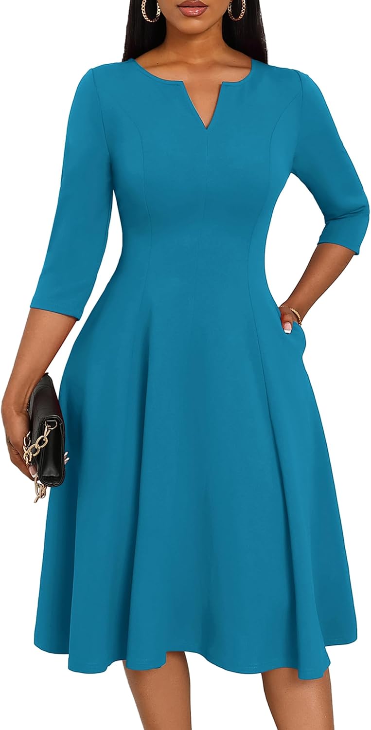 Nmoder Midi Dresses for Women A-Line Fit and Flare Dress 3/4 Sleeve V Neck Cocktail Wedding Guest Work Dress with Pockets
