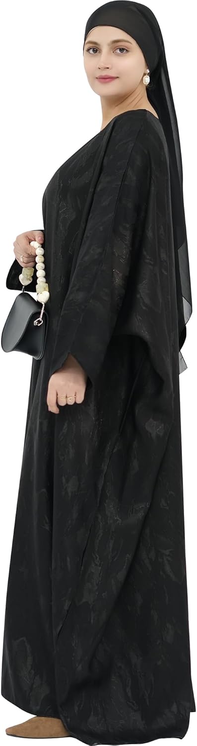 Elegant Eid Clothes Women Muslim Glossy Batwing Sleeve Abaya Ramadan Prayer Dress with Belt