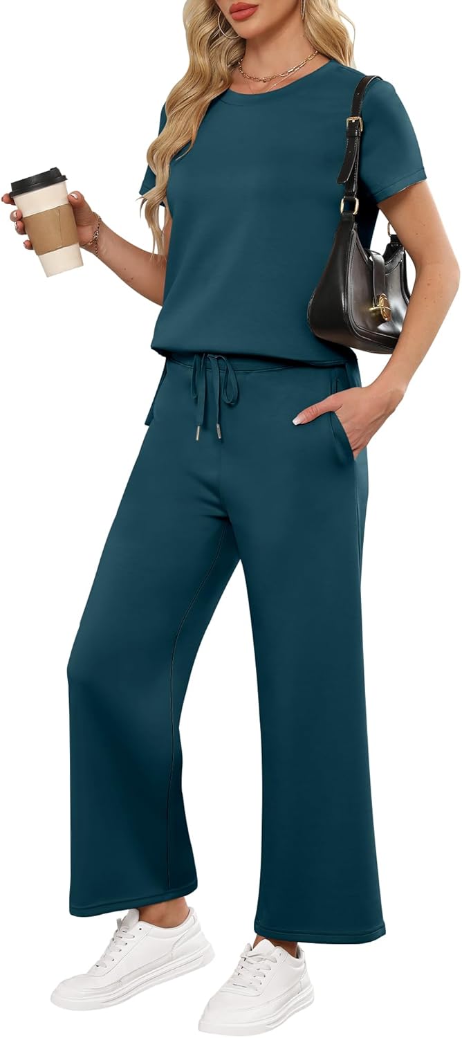 ANRABESS Women 2 Piece Lounge Sets Summer Travel Sweat Outfits Short Sleeve Wide Leg Casual Matching Tracksuits Clothes