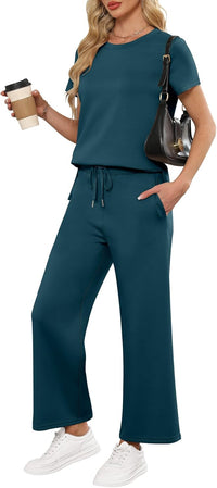 ANRABESS Women 2 Piece Lounge Sets Summer Travel Sweat Outfits Short Sleeve Wide Leg Casual Matching Tracksuits Clothes