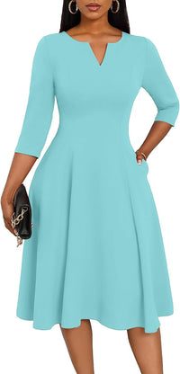 Nmoder Midi Dresses for Women A-Line Fit and Flare Dress 3/4 Sleeve V Neck Cocktail Wedding Guest Work Dress with Pockets