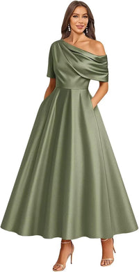 Tea Length Mother of Bride Dresses for Women Satin One Shoulder Wedding Guest Dress Formal Evening Party Gown with Pocket