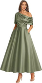 Tea Length Mother of Bride Dresses for Women Satin One Shoulder Wedding Guest Dress Formal Evening Party Gown with Pocket