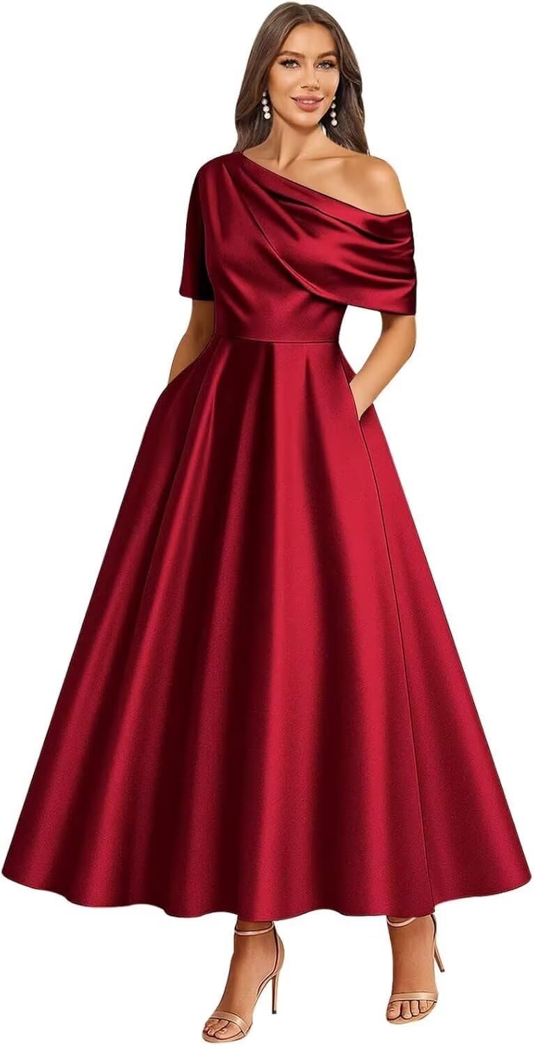 Tea Length Mother of Bride Dresses for Women Satin One Shoulder Wedding Guest Dress Formal Evening Party Gown with Pocket