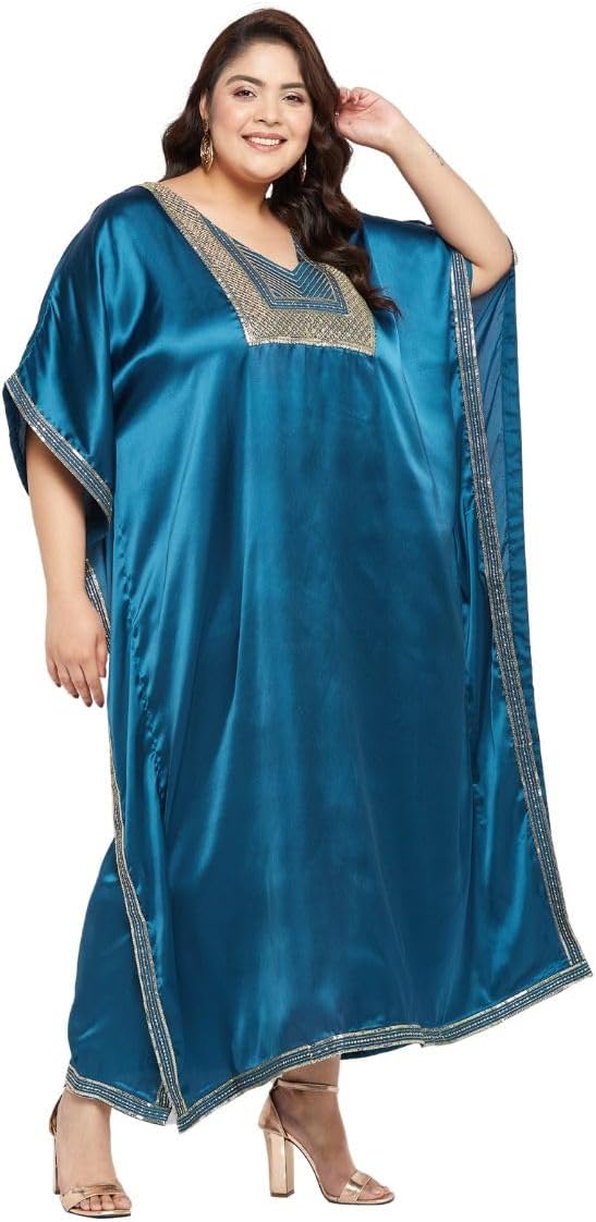 Gypsie Blu Women’s Plus Size Satin Sequin Kaftan Dress with Kimono Sleeves Casual Resort Wear Stylish Loose Fit Evening Dress
