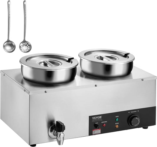 VEVOR Electric Soup Warmer, Dual 7.4QT Stainless Steel Round Pot 86~185°F Adjustable Temp, 1200W Commercial Bain Marie with Anti-Dry Burn and Reset Button, Soup Station for Restaurant, Buffet, Silver