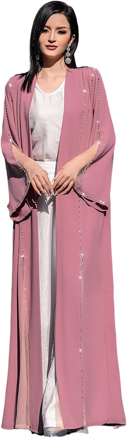 Elegant Beaded Abaya Robe, Open Front Long Sleeve Maxi Outerwear, Modest Cover-Up with Crystal Trim, NO INNER, Pink