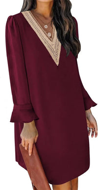 QACOHU Fall Dresses for Women 2025 Casual V Neck Long Sleeves Flowy Mini Tunic Dress