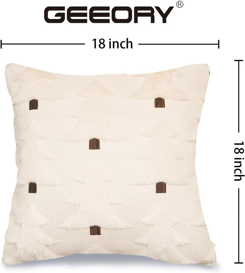 GEEORY Christmas Pillow Covers 18x18 Inch Set of 2, Christmas Decorations Xmas Tree Soft Plush Fluffy Faux Fur Decorative Throw Pillows Rustic Winter Decor Cushion Case Beige Brown GC034-18