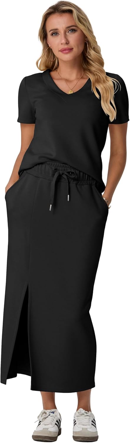 GRECERELLE Women Summer Casual 2 Piece Sets V-Neck Wrinkle-Free Top & Elastic Waist Midi Side Slit Skirt with Pockets(XS-3XL)
