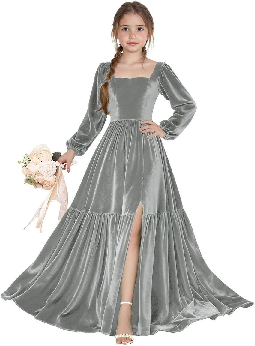 Long Sleeve Velvet Junior Bridesmaid Dresses Girls Holiday Dresses with Slit Christmas Maxi Dress Formal Party Gown