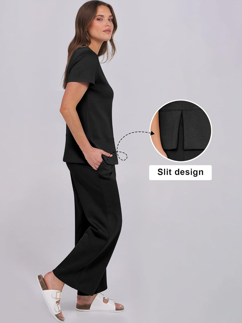 ANRABESS Women 2 Piece Lounge Sets Summer Travel Sweat Outfits Short Sleeve Wide Leg Casual Matching Tracksuits Clothes