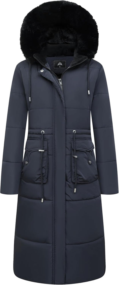 MOERDENG Women's Long Winter Puffer Coat Waterproof Warm Maxi Down Jacket Faux Fur Removable Hood Parka