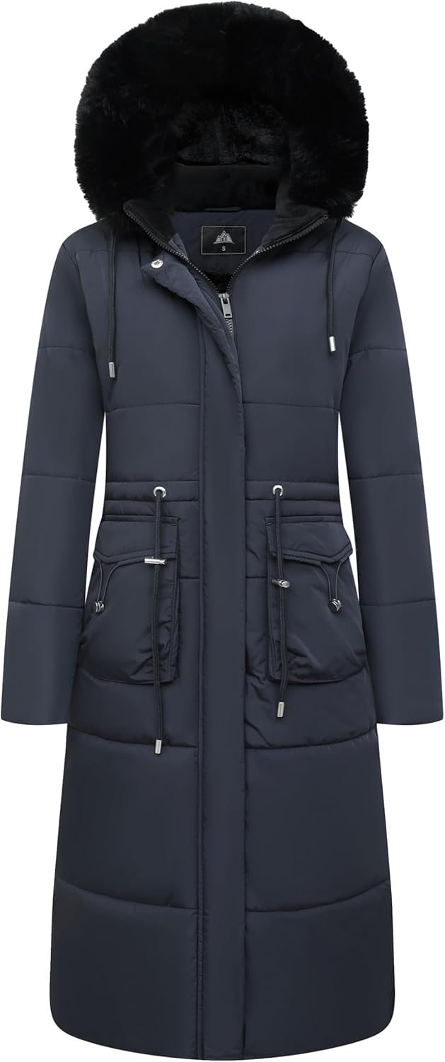 MOERDENG Women's Long Winter Puffer Coat Waterproof Warm Maxi Down Jacket Faux Fur Removable Hood Parka