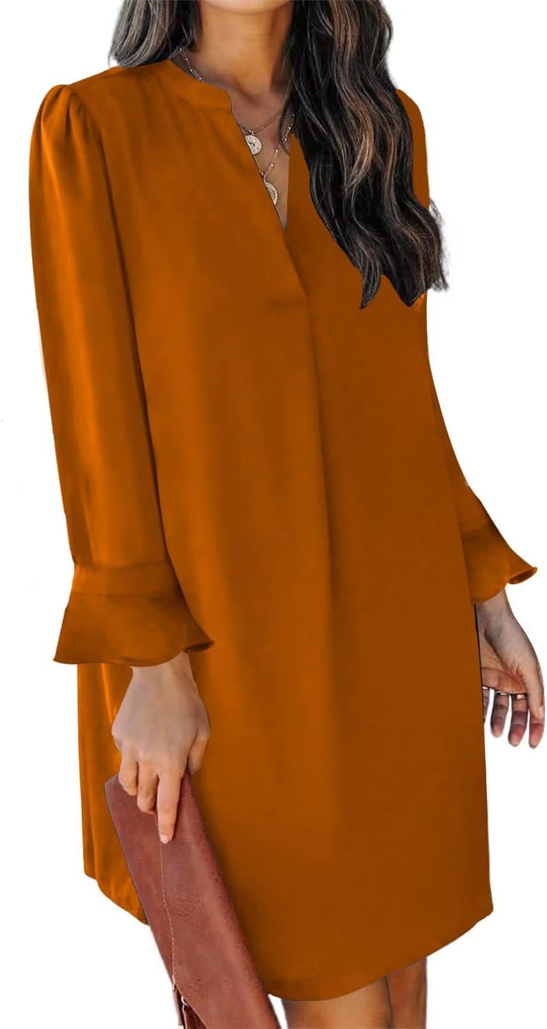 QACOHU Fall Dresses for Women 2025 Casual V Neck Long Sleeves Flowy Mini Tunic Dress