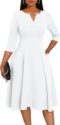 Nmoder Midi Dresses for Women A-Line Fit and Flare Dress 3/4 Sleeve V Neck Cocktail Wedding Guest Work Dress with Pockets
