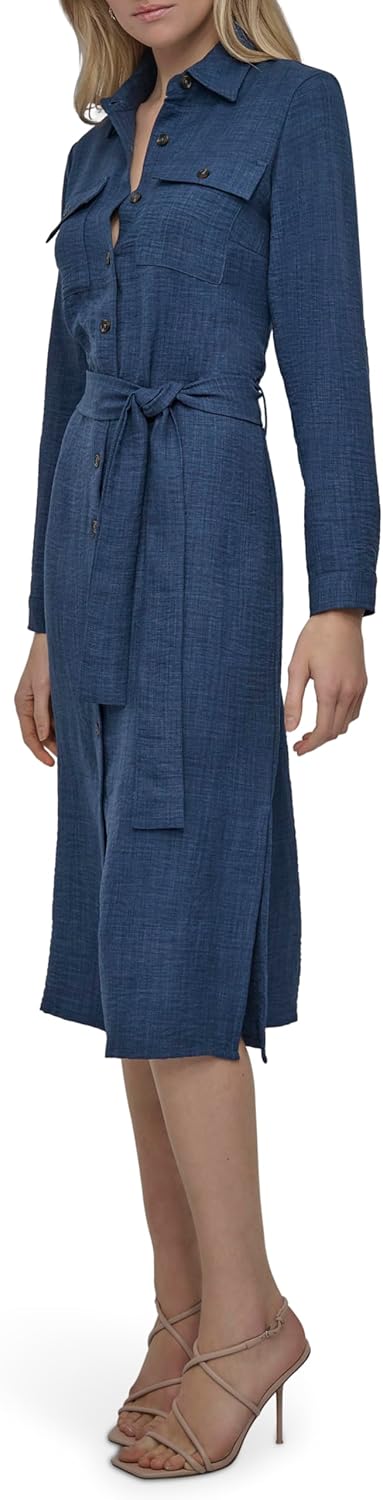 DKNY Womens Long Sleeve Collared Tie Midi Shirtdress