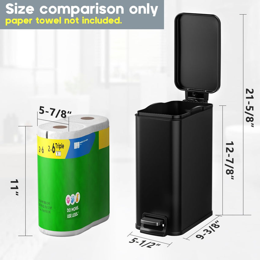 Slim Bathroom Trash Can with Lid Soft Close, 1.6 Gallon Stainless Steel Garbage Can with Removable Inner Bucket, Durable Step Pedal, Small Trash Bins for Toilet, Bedroom, Kitchen, Office