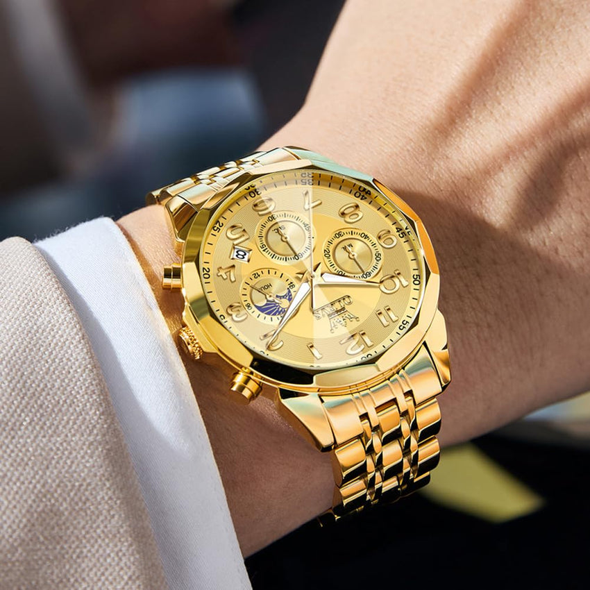 OLEVS Watches Men Luxury Chronograph Moon Phase Waterproof Luminous Watches for Men Analog Quartz Calendar Stainless Steel Strap Wrist Watches-(Black/Blue/Gold/Grey/Silver Face)