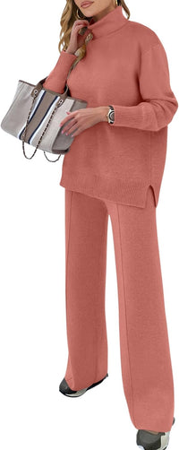 ANRABESS Womens 2 Piece Outfits Turtleneck Matching Lounge Set Sweater Top Wide Leg Pants Fall Cozy Knit Sweatsuit Loungewear