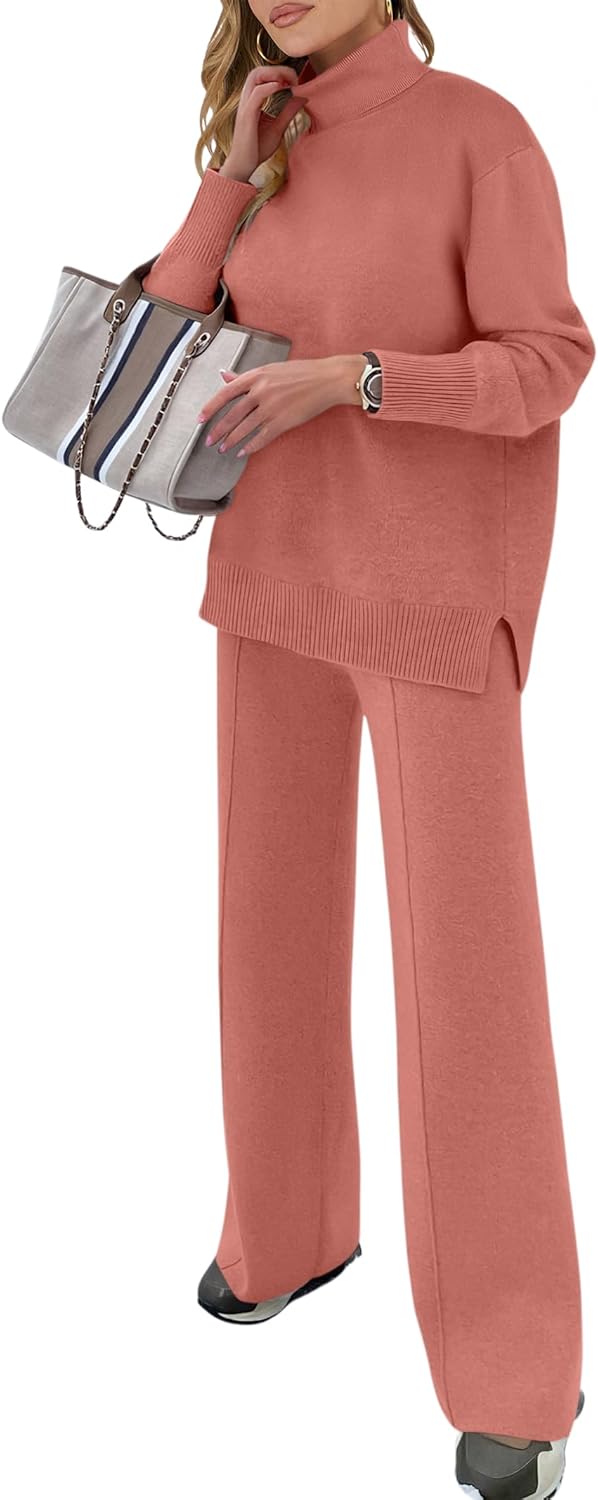 ANRABESS Womens 2 Piece Outfits Turtleneck Matching Lounge Set Sweater Top Wide Leg Pants Fall Cozy Knit Sweatsuit Loungewear