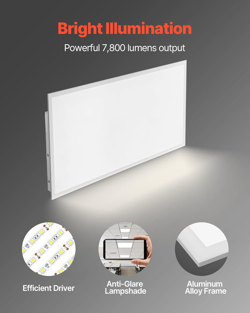 VEVOR 2x4 FT LED Flat Panel Light, 7800 LM, Flush Mount LED Drop Ceiling Lighting Fixture with 3 Color Selectable 4000K/5000K/6000K, 30W/40W/50W, 0-10V Dimmable, Ultra Slim for Home Office Kitchen