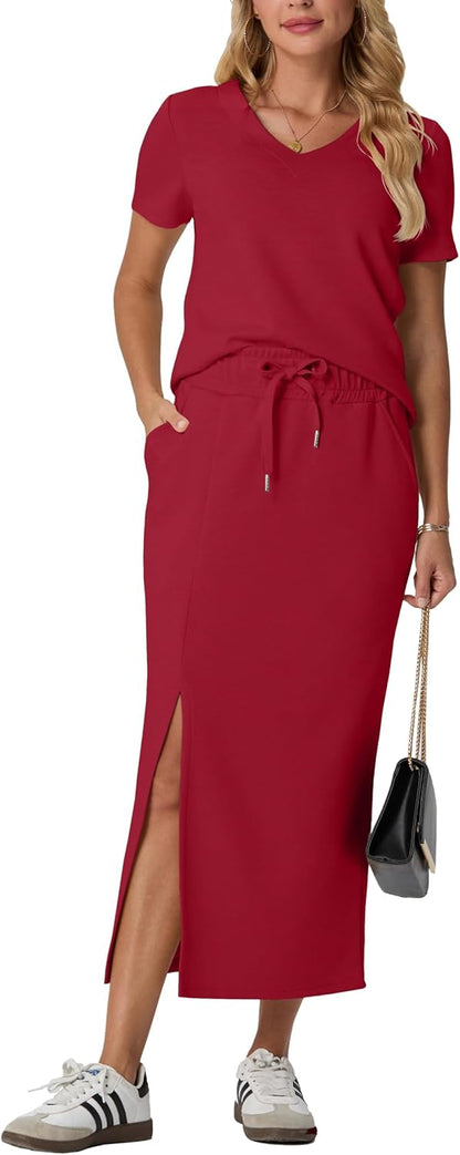 GRECERELLE Women Summer Casual 2 Piece Sets V-Neck Wrinkle-Free Top & Elastic Waist Midi Side Slit Skirt with Pockets(XS-3XL)