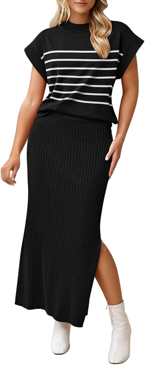 Pink Queen Women's 2 Piece Sweater Outfits Set Summer Cap Sleeve Tops Bodycon Maxi Long Skirt Knit Dresses