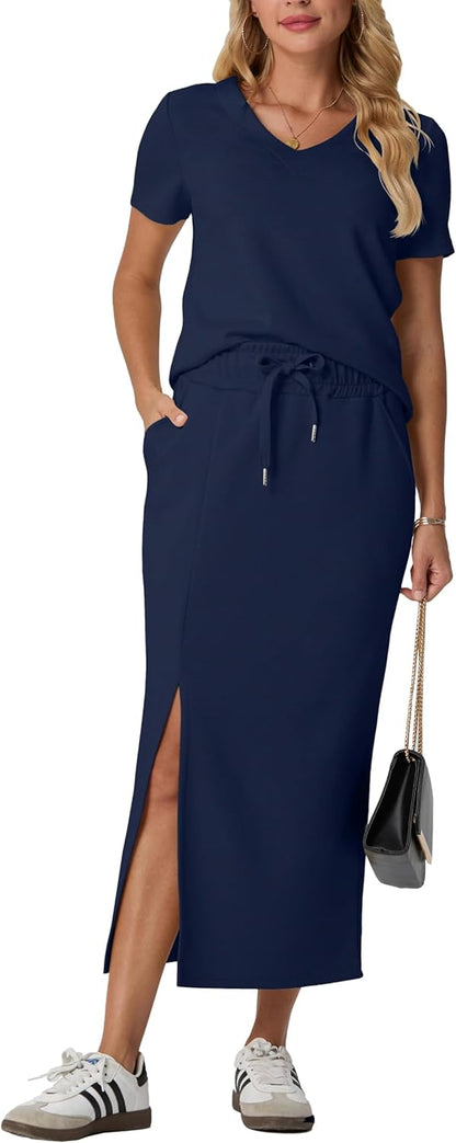 GRECERELLE Women Summer Casual 2 Piece Sets V-Neck Wrinkle-Free Top & Elastic Waist Midi Side Slit Skirt with Pockets(XS-3XL)