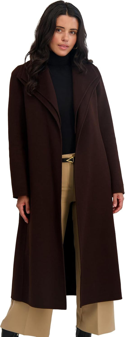 TAHARI Women's Slim Fit Double-Faced Wool Blend Wrap Coat with Tie Belt – Longline Silhouette, Chocolate, Large