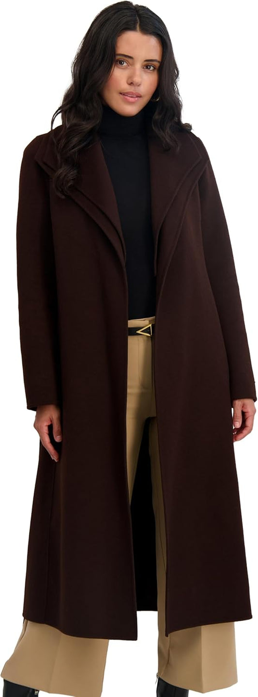 TAHARI Women's Slim Fit Double-Faced Wool Blend Wrap Coat with Tie Belt – Longline Silhouette, Chocolate, Large