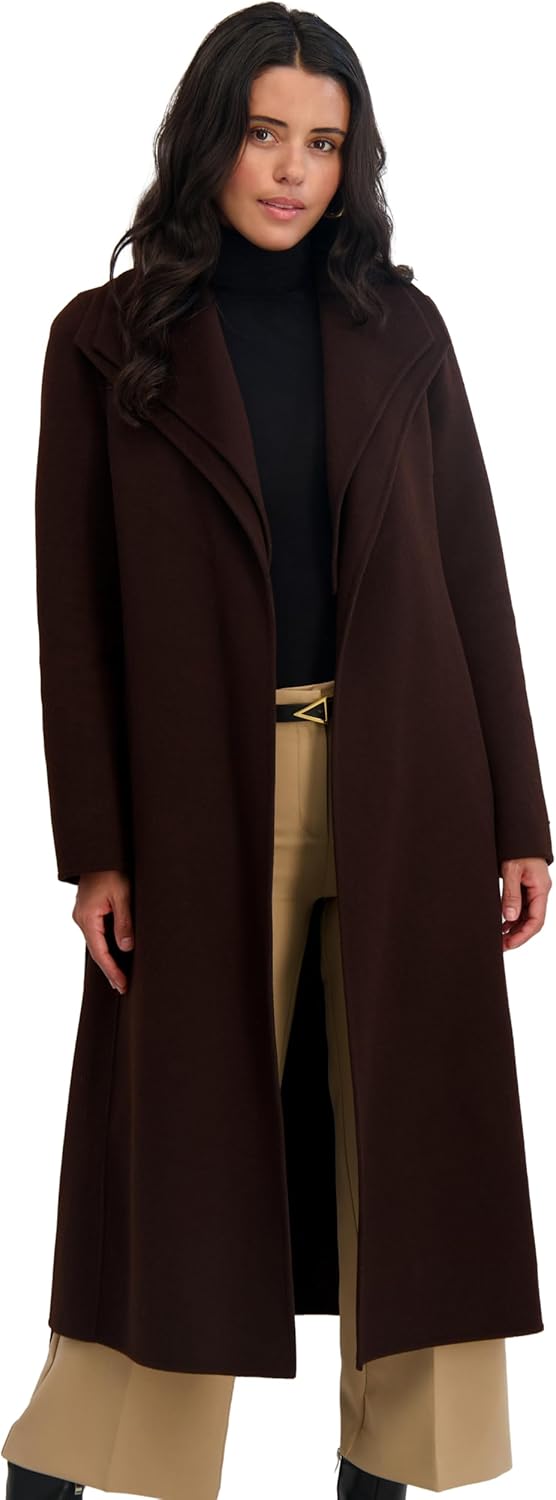 TAHARI Women's Slim Fit Double-Faced Wool Blend Wrap Coat with Tie Belt – Longline Silhouette, Chocolate, Large