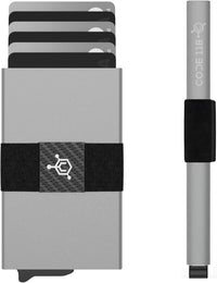 CODE 118 Wallet - Premium Automatic Smart Wallet, RFID Blocking, Pop Up Mens Minimalist Metal Wallet, 6061-T6 Aerospace-Grade Aluminum, Genuine 3K Carbon Fiber (Classic, Slate Grey)
