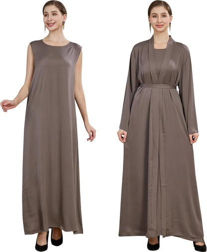khalat Women Muslim Abaya Dress 2PCS Lightweight Satin Abaya Dress for Women Islamic Dubai Modest Kaftan Prayer Dress