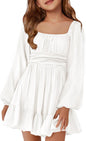 Batermoon Girls Long Sleeve Tie Back Dress Kids Fall Square Neck A-Line Mini Dresses 5-14 Years