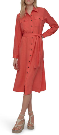 DKNY Womens Long Sleeve Collared Tie Midi Shirtdress