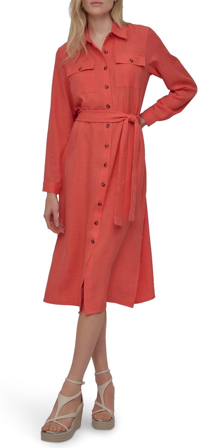 DKNY Womens Long Sleeve Collared Tie Midi Shirtdress