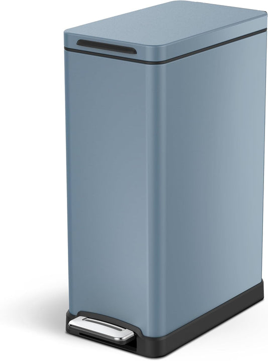 Home Zone Living 12 Gallon Slim Kitchen Trash Can with Soft Close Lid, Step Pedal, Bag Tuck Band, and Removable Liner, Stainless Steel, Midnight Blue, 45 Liters