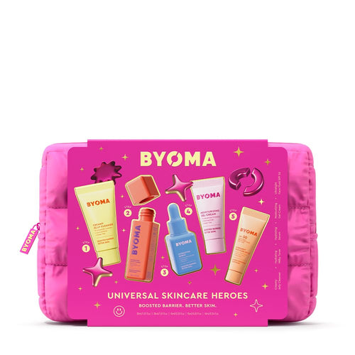 BYOMA Universal Skincare Heroes (5-Piece Kit) - Skincare Gift Set with Jelly Cleanser, Milky Toner, Hydrating Serum, Gel Cream & SPF 50 - Skin Barrier Repair Gift Set with Makeup Bag